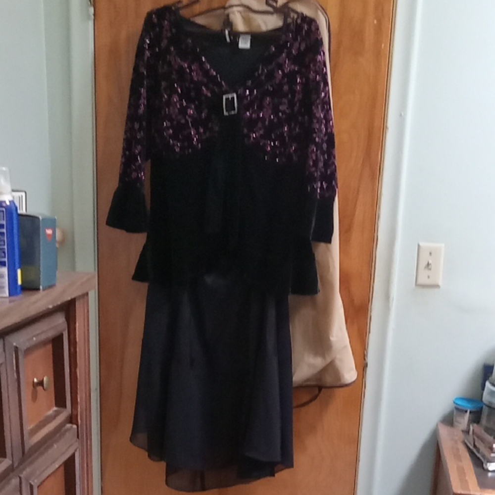 Adrianna Papell Purple and Black High Low Gown with V-Neck